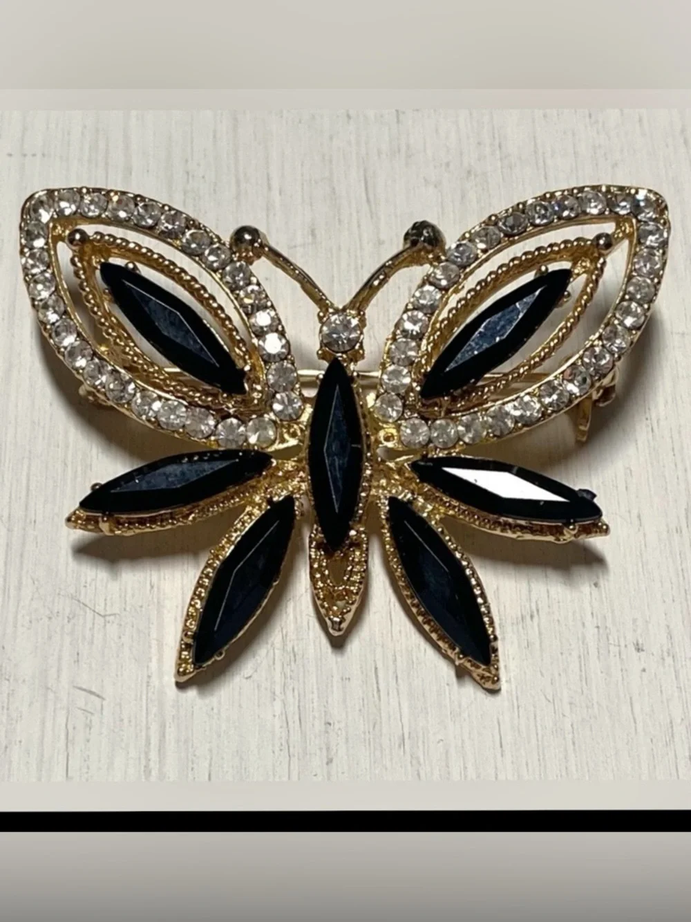 Vintage Black Gold Beaded Butterfly Brooch Pin Accessory Boho Fall Whimsigoth